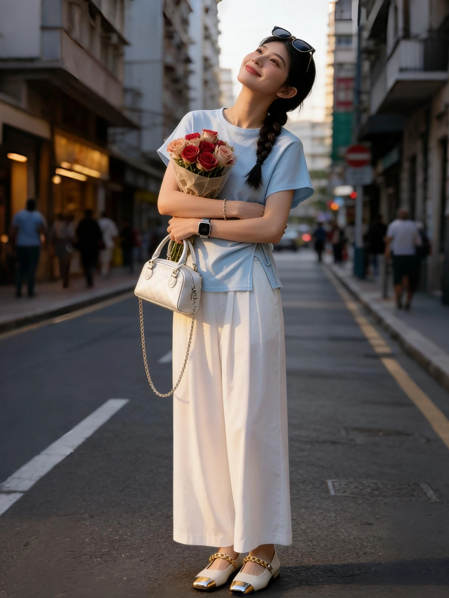 

Summer Blue Anti-Aging Loose Fashionable Short Sleeve T-Shirt And Wide Leg Pants Two-Piece Set Casual Commute Style Women's E...