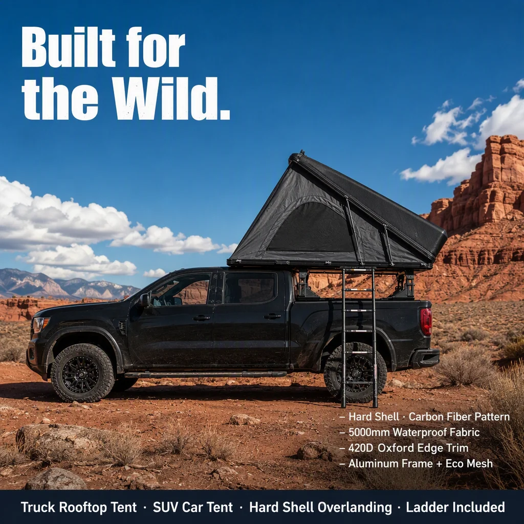 Zentopia Carbon Fiber Texture Hard Shell Wedge Rooftop Tent 2 Person 5000mm Waterproof Four-season Quick Setup Ladder for SUV
