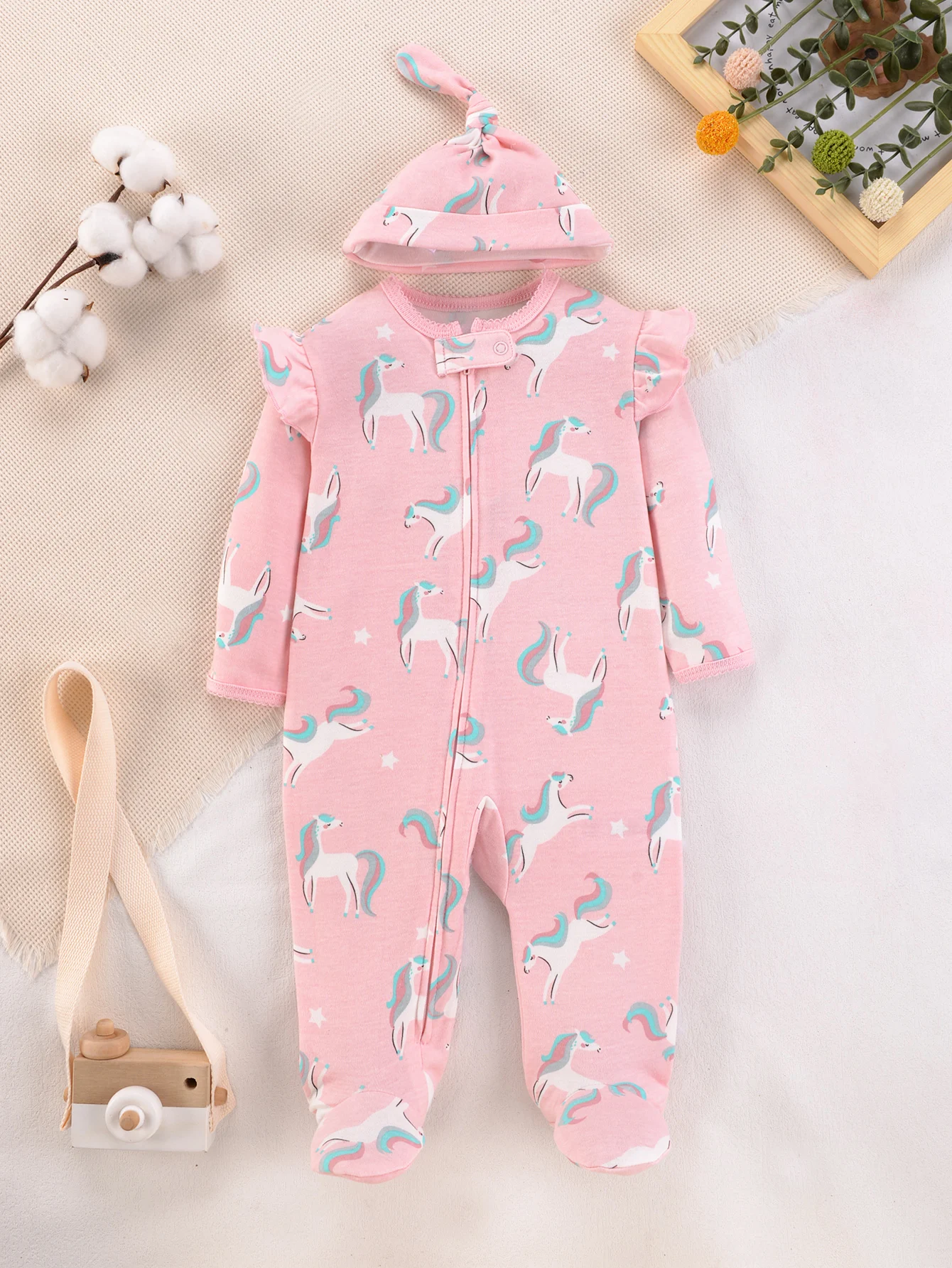 Pink Baby Romper with Flutter Sleeves And Unicorn Print Soft Cotton Zipper Onesie with Matching Hat for Newborn Girls All Season