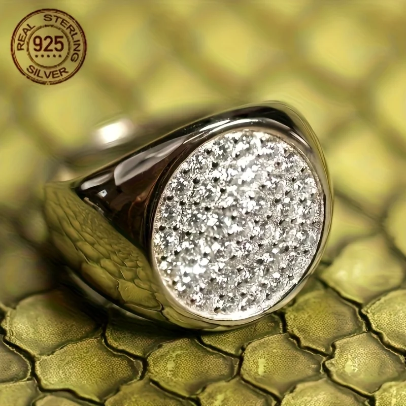 

2025 New Arrival Mens 925 Sterling Silver Ring Round Shape Micro Set Zircon Hip Hop Rings White Gold Plated Business Jewelry