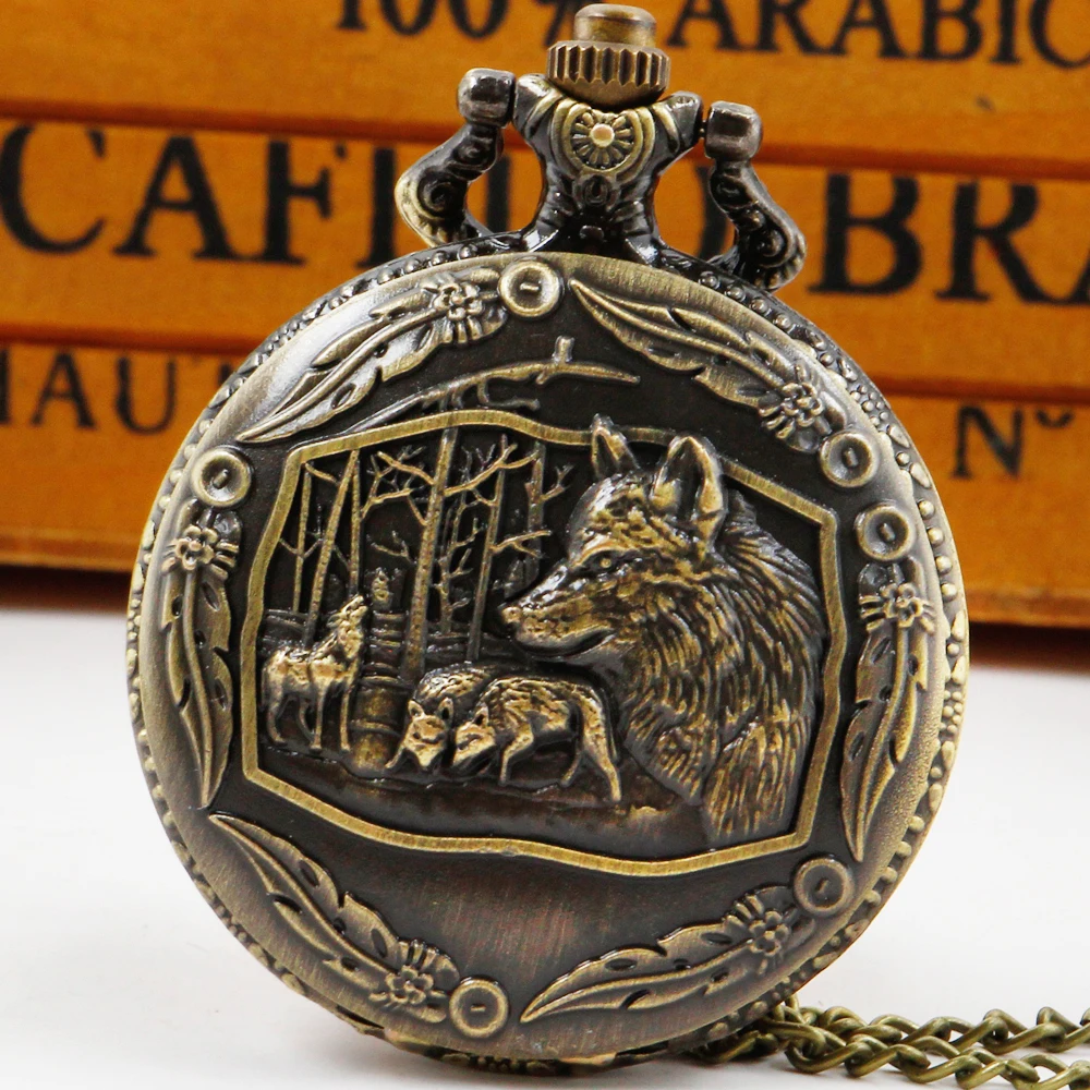 Criativo lobo selvagem Bronze relógio de bolso, Relógio quartzo animal com colar corrente, pingente de moda vintage, presente masculino