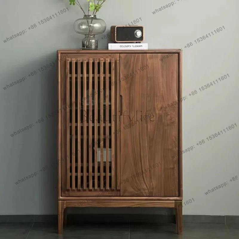 

New Chinese North American black walnut opposite door shoe cabinet solid wood storage household entrance cabinet
