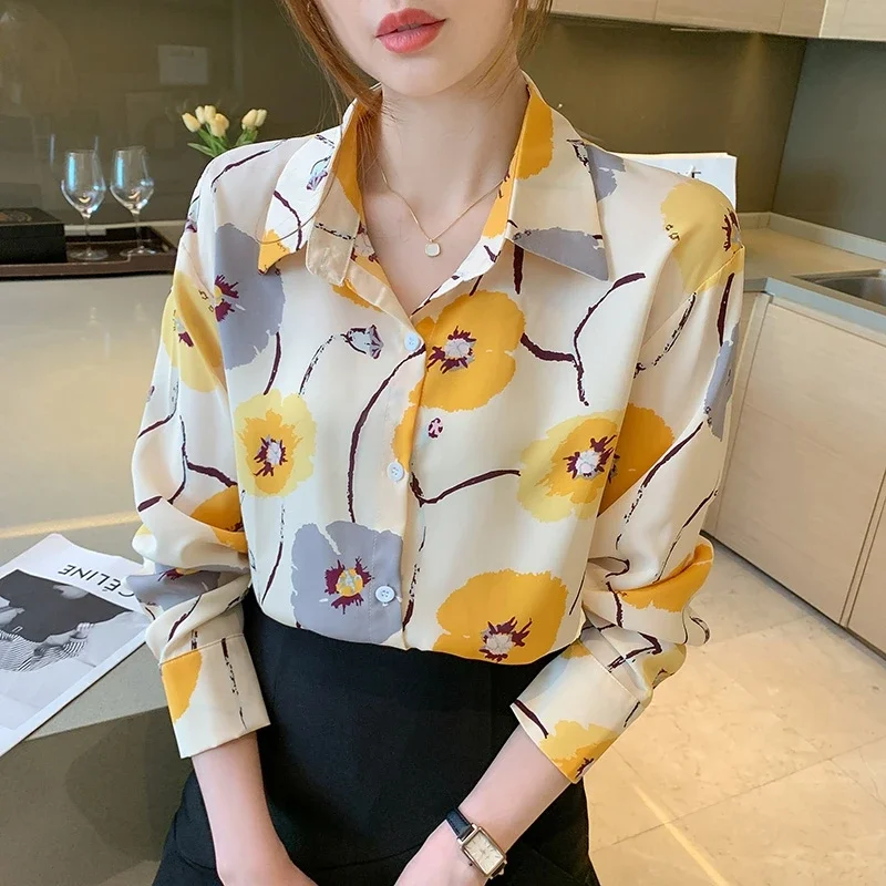 Floral Printed Button Up Shirt Women 2024 Elegant Fashion Long Sleeve Office Chiffon Blouses Y2k French Loose Ladies Tops Mujer