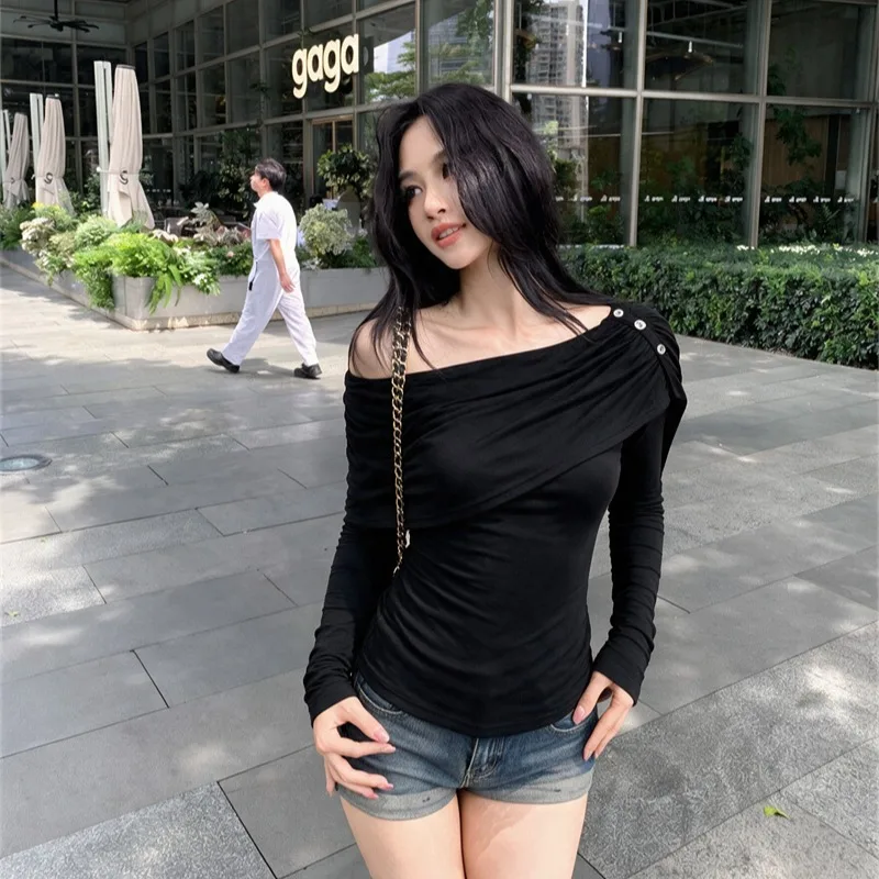 American Style Vintage Wrap Single Shoulder Knitted Sweater Women's Autumn New Double Layer Swing Collar Design Delicate Top