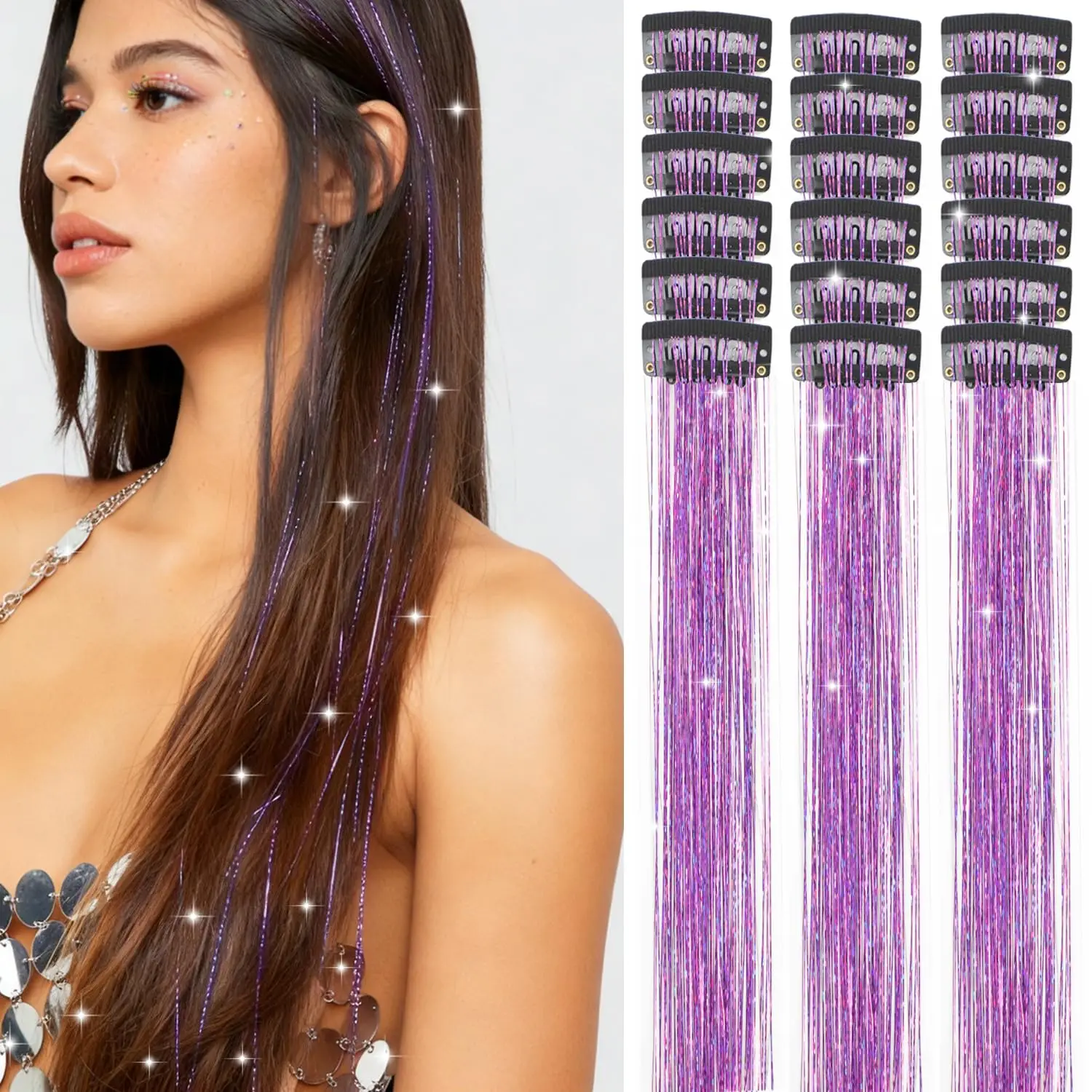 12 Pcs Clip in Hair Tinsel Sparkly Glitter Fairy Hair Extensions Shiny Hair Accessories For Girls Women Kids Party Festival