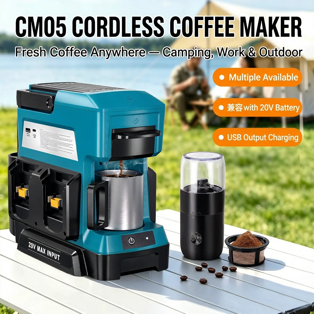 Cordless Coffee Maker for Makita 18V Battery, Portable Drip Coffee Maker with Electric Coffee Grinder for RV Camping Travel Car