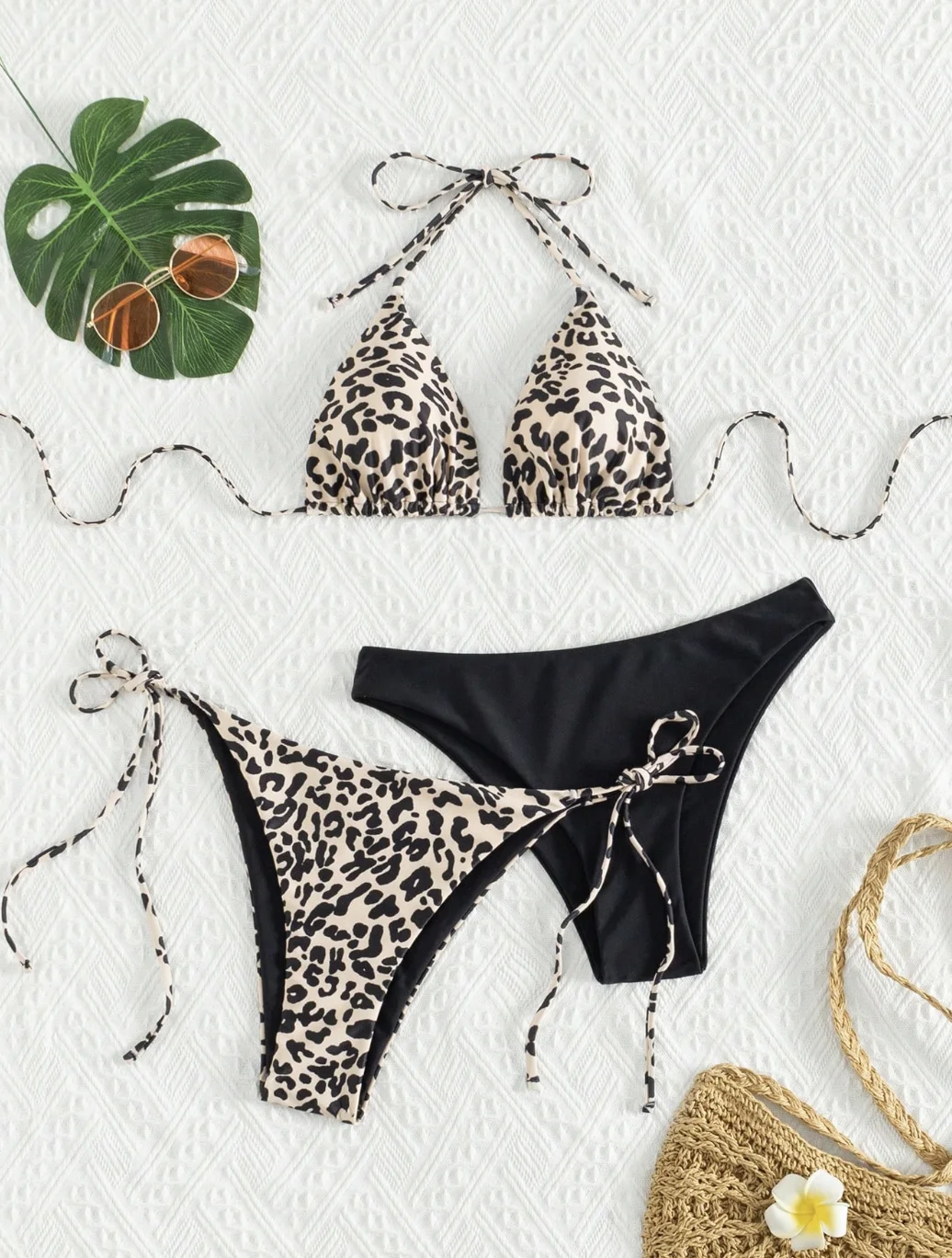 

Женский комплект бикини, купальник с завязками по бокам, купальный костюм из трех предметов, купальник-бикини с лямкой на шее, треугольный купальник