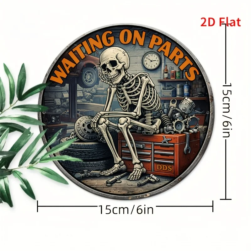 2D Flat - Wooden Wall Decor Sign - Waiting for Parts, Featuring Unique And Fun Skull Design, Ideal for Mechanics, Parking Garage