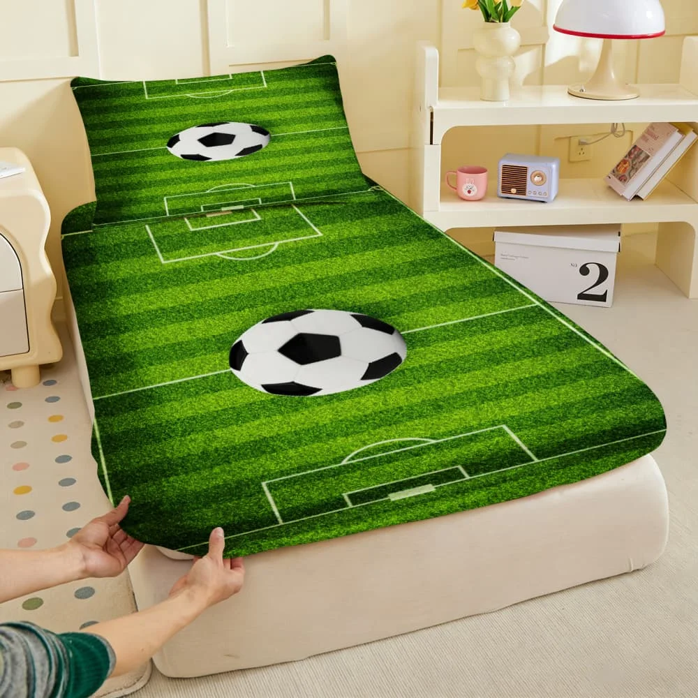 1pc Soccer Field & Ball Print Fitted Sheet Deep Pocket Elastic Mattress Cover Single Double Queen King Bedroom Decor