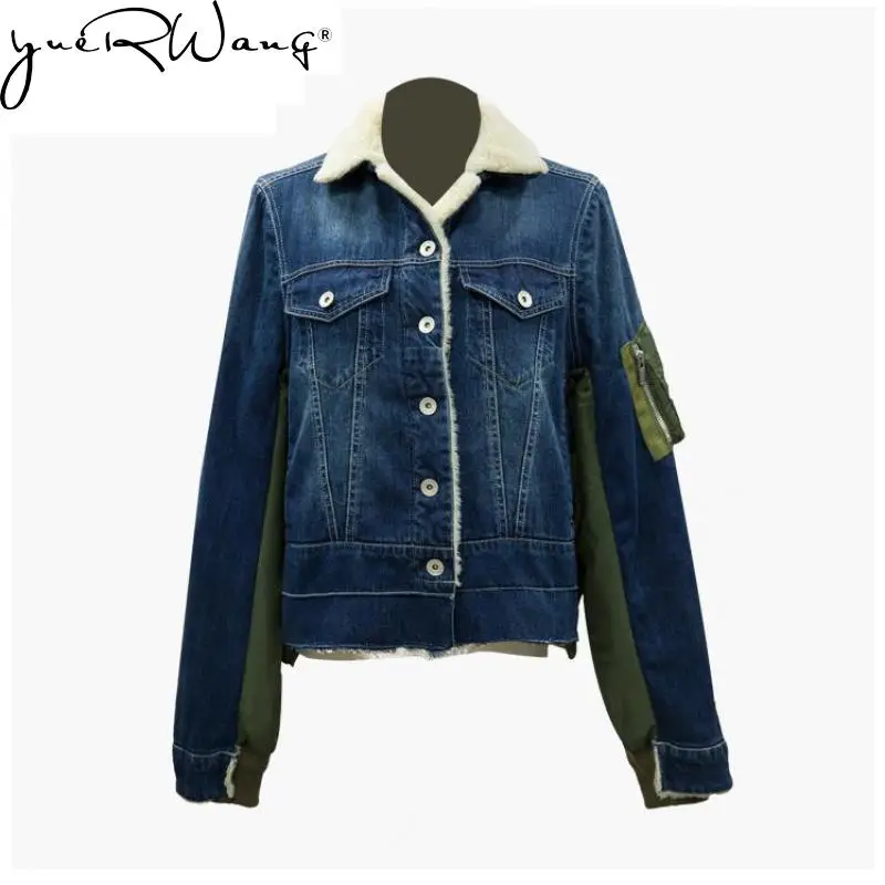 

yuerwang Women Denim Coat Patchwork Jean Jacket Fleece Denim Outerwear Long Sleeve Loose Jean Top Thick Casual Women Jacket New