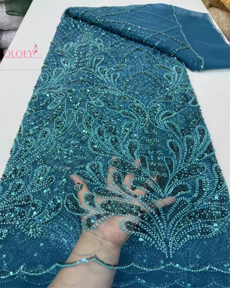 

Latest Hot Sale Fashion Africa Lace Fabric High Quality Handmade Embroidery Lace With Beads Sequins Party For Wedding Dress