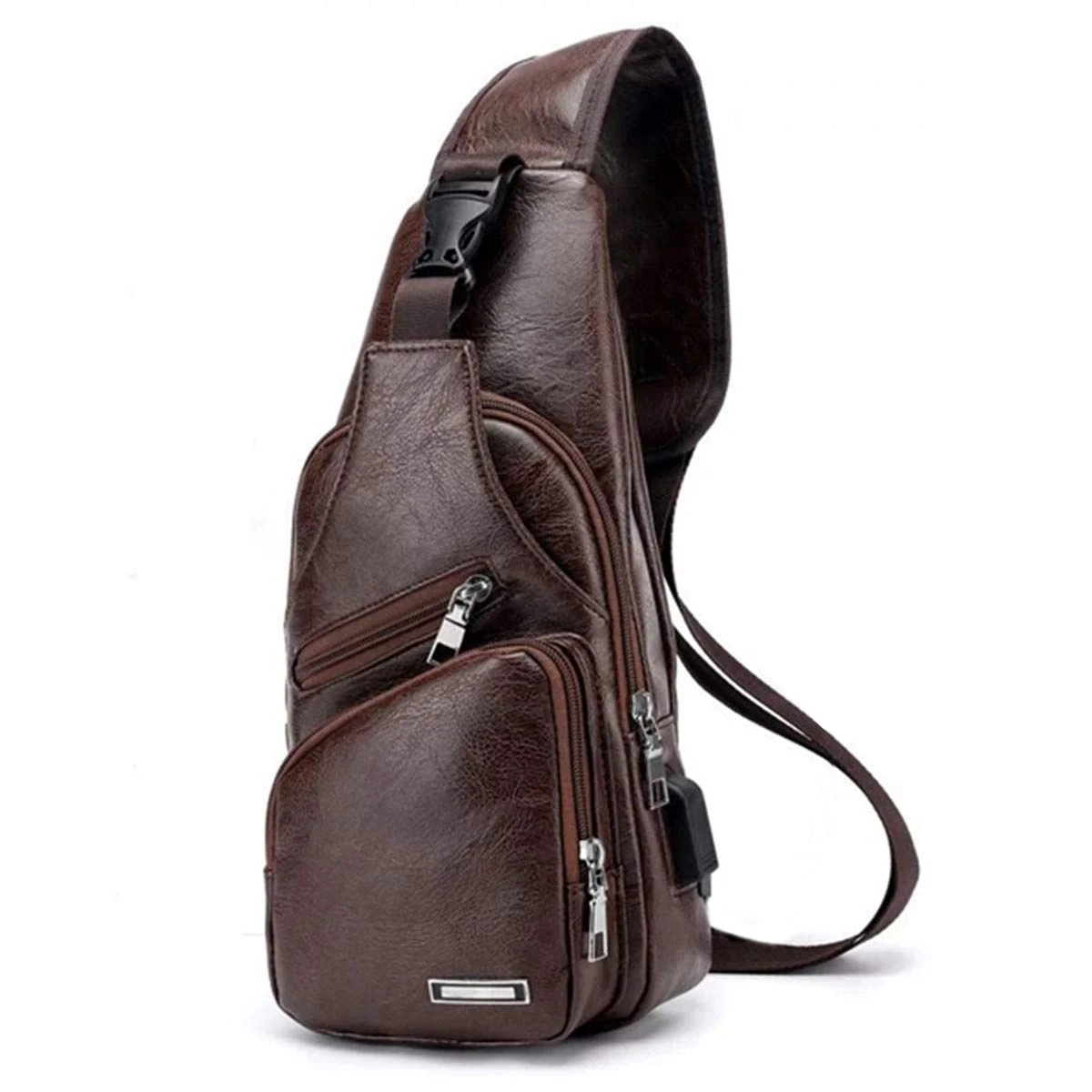 Men's Chest Bag with Charge Port USB Bag Retro Crossbody Pu Leather Vintage Business Bag Pouch for Sport Dark Brown