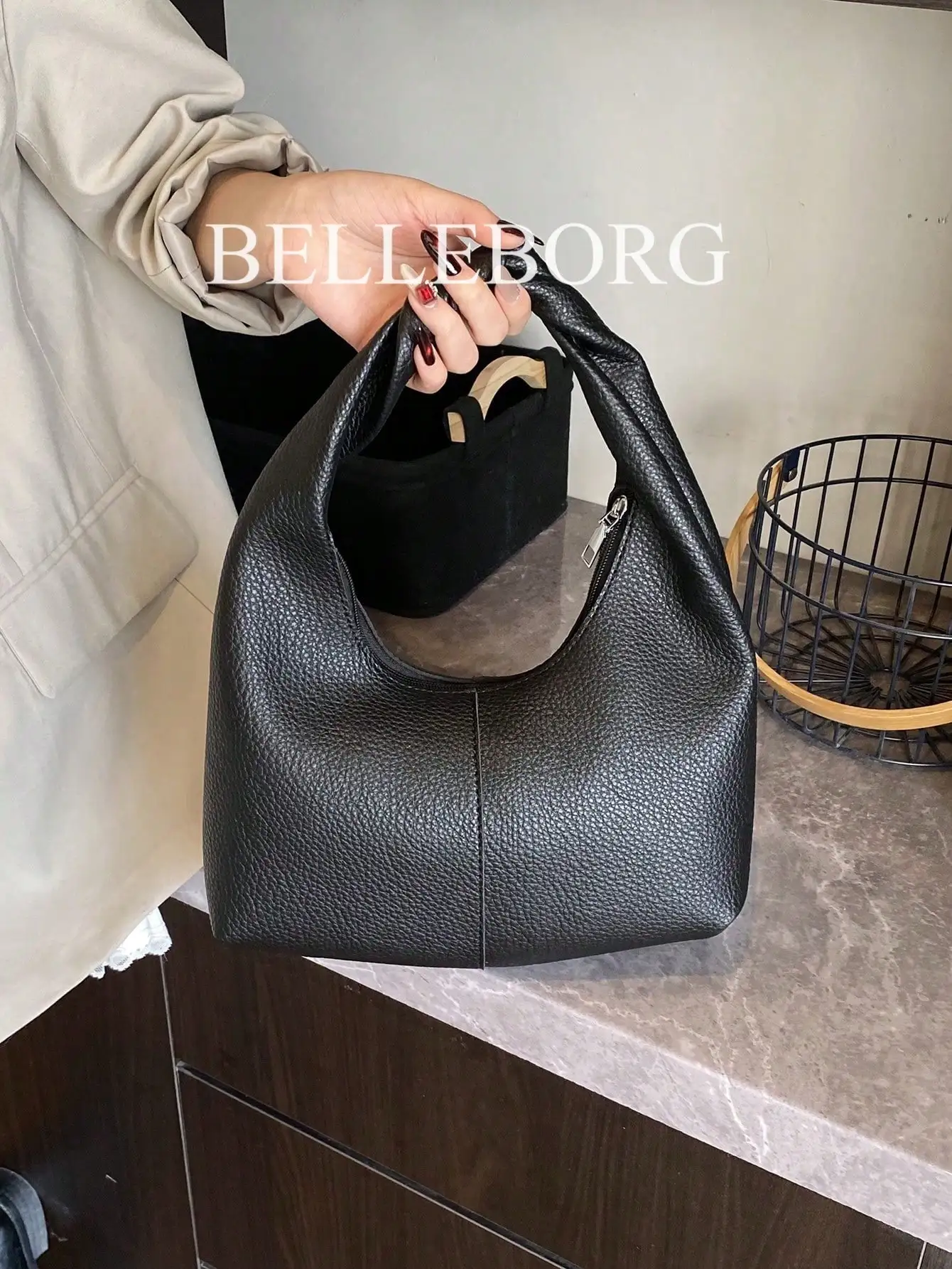 

Black Pebbled Leather Large Capacity Minimalist Hobo Shoulder Bag for Women