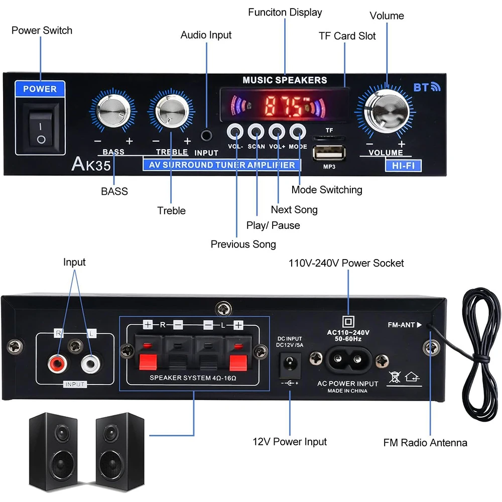 AK35-AMPLIFICADOR DE sonido HIFI con Bluetooth 5,0, amplificador de Audio de graves, 2,0 canales, estéreo Digital, FM, USB, Control remoto, 100-240V, 12V