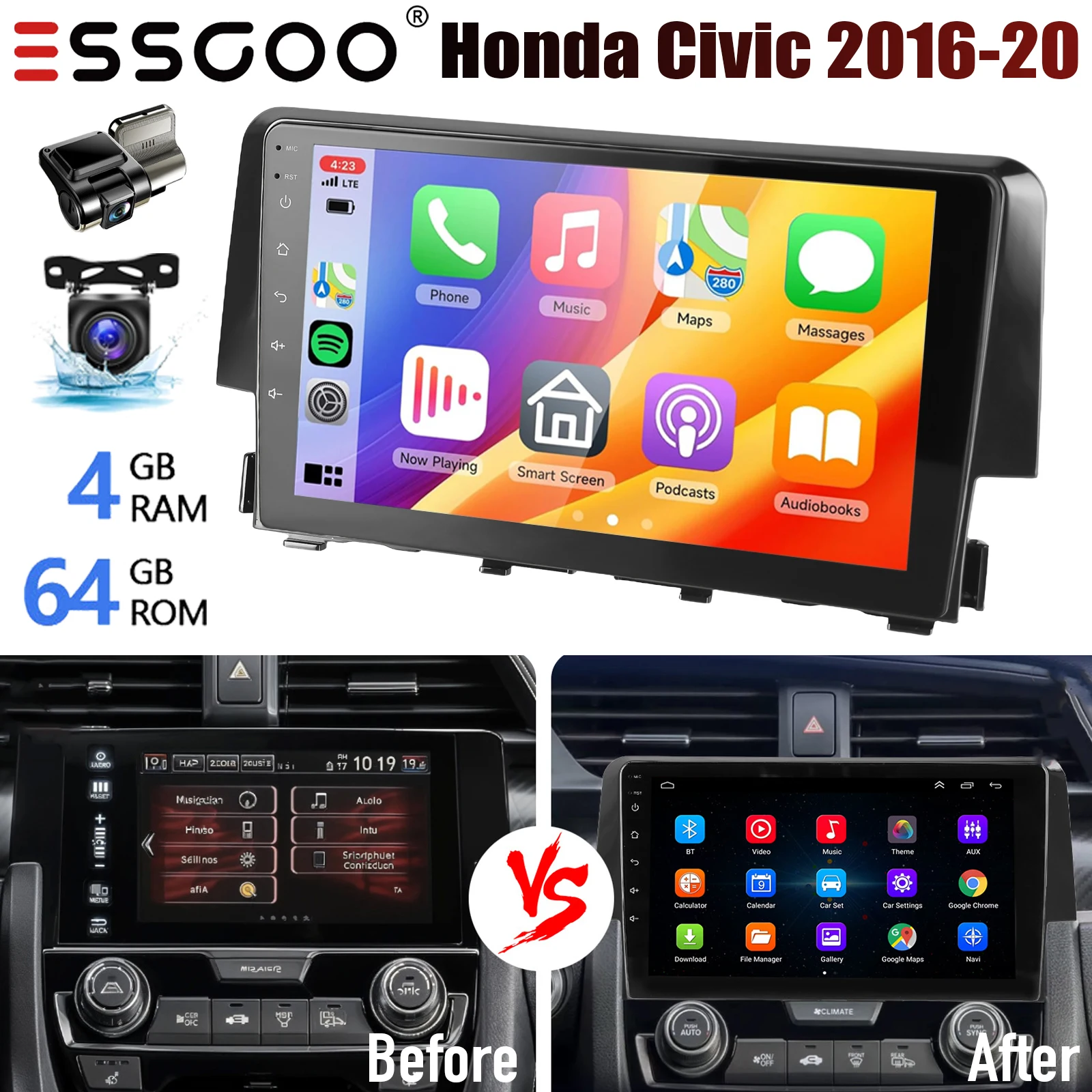 

4 + 64G 9 "автомобильное стерео радио для Honda Civic 2016-2020 Android 14 CarPlay сенсорный экран мультимедийный видеоплеер GPS Nav WIFI FM SWC