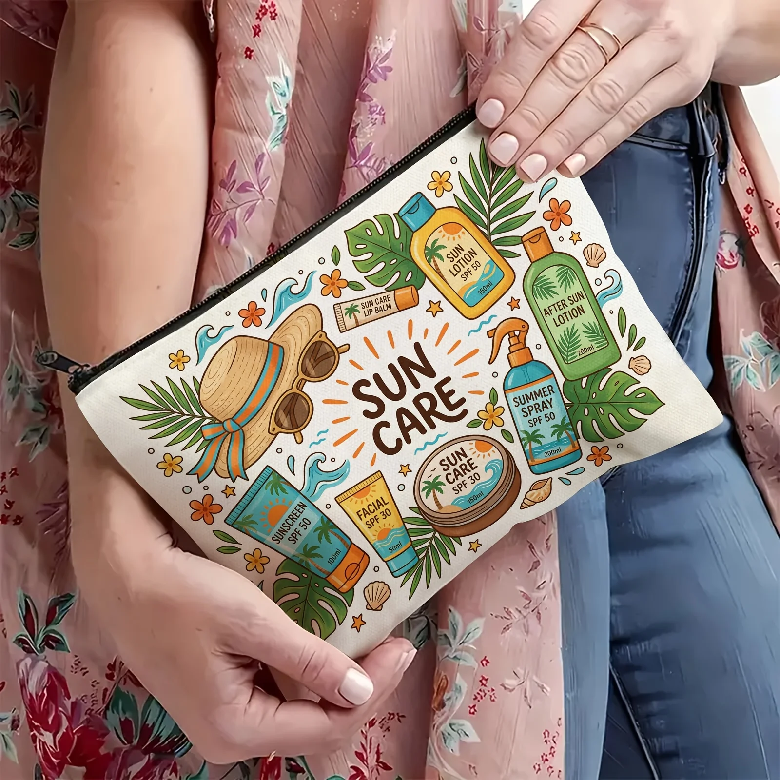 Sunscreen-themed Storage Bag, Zippered Travel Toiletry Bag,Summer Sun Protection and Care Storage Gift