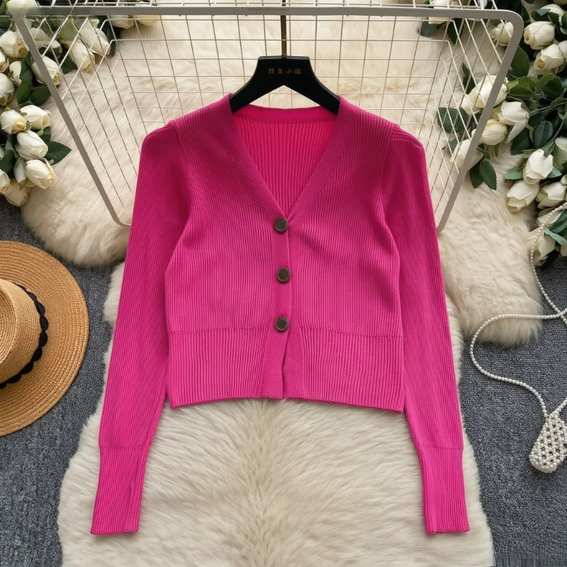 Ladies Long Sleeve Knit Cardigan Sweater Elastic V‑Neck Fuchsia Solid Buttons Cropped Slim Women Fashion Knit Outerwear Top
