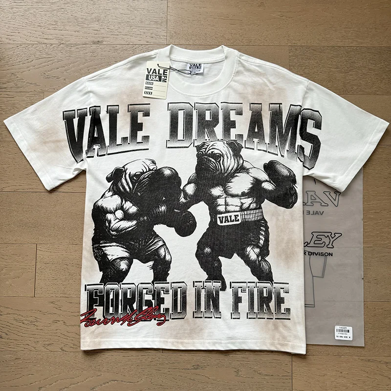 Vale Valley American Style Short Sleeve T-Shirt Retro Print Cotton Leisure Fit Streetwear for Youth City Walk Daily Wear