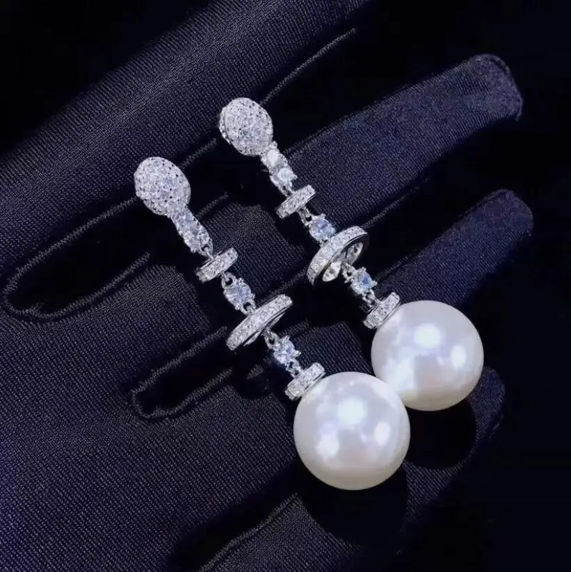 

charming pair of 10-11mm 9-10mm south sea round white pearl dangle earring 925s