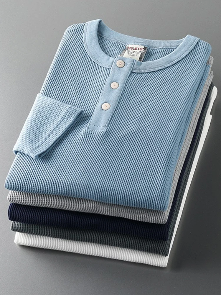 

Весенняя новая американская ретро-футболка с длинным рукавом и воротником Генри, вафельная однотонная футболка, мужские простые повседневные свободные топы из 80% хлопка