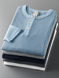 Spring New American Retro Long Sleeve Henry Collar Waffle Solid Color T-shirt Men's Simple 80% Cotton Washed Casual Loose Tops