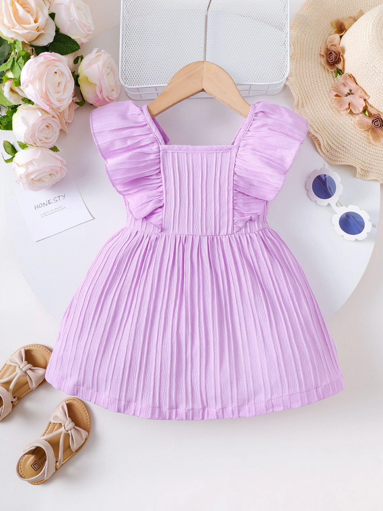 Baby Girl Summer Princess Dress Floating Sleeve Plain Dress Fashion Simple Button Decoration Birthday Party Costume Toddler Girl
