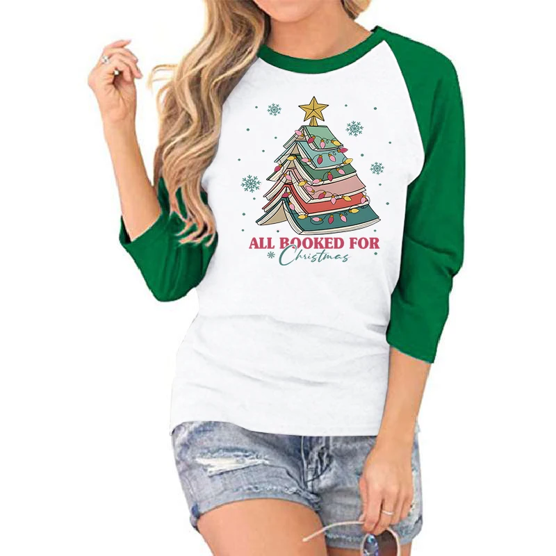 All Booked for Christmas T-Shirt Book Lovers Gift Christmas Seven-quarter Sleeve T-shirts Funny Christmas Book Lights Casual Top