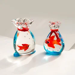 Fish in a Bag: KANGMING Hand-blown Glass Miniature Ornament,Home Decoration Accessories and Living Room Figurine Gift