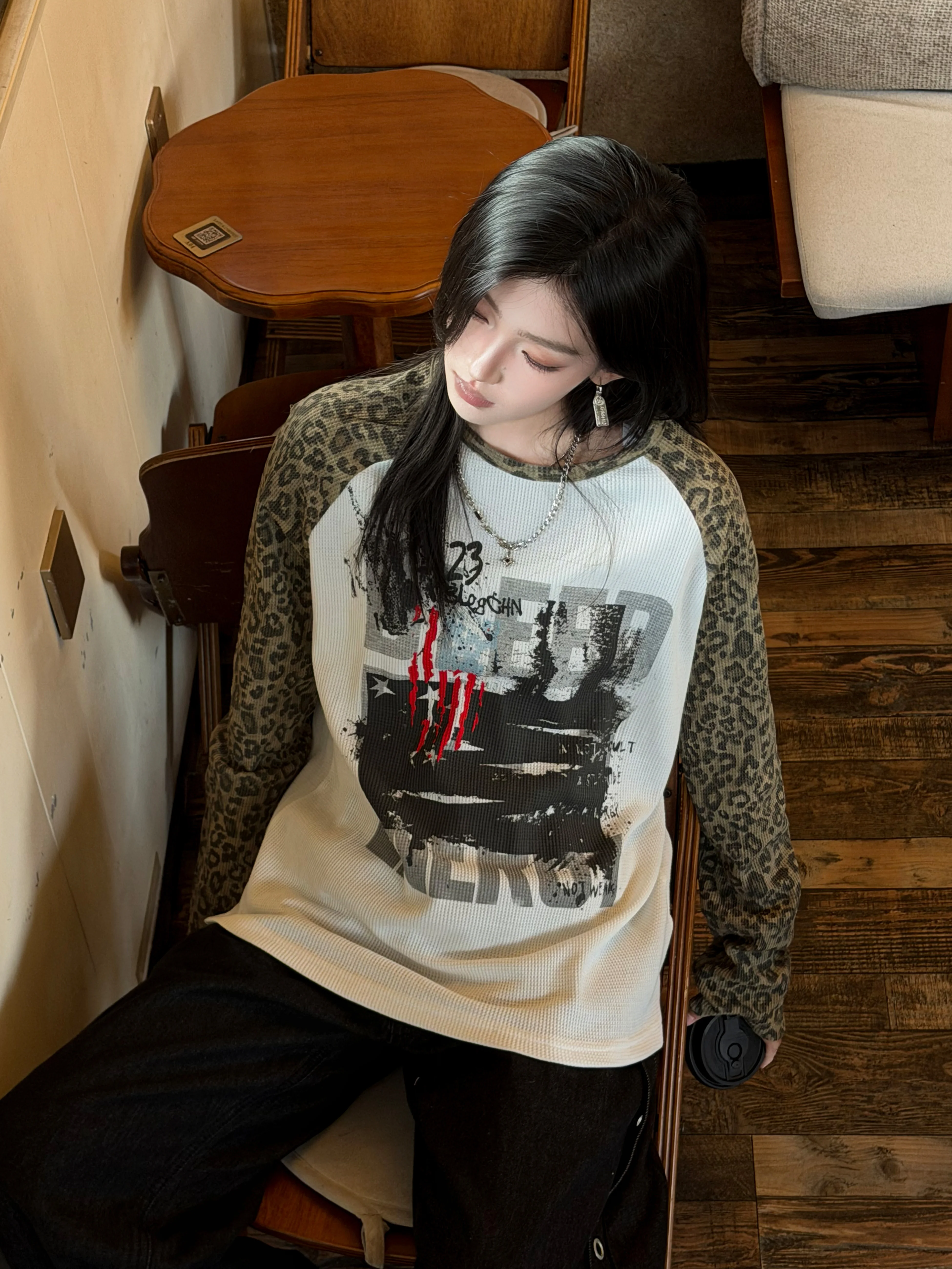 Early Autumn American Leopard Print Shoulder Insert Long Sleeve Women's T-shirt Neutral Style Casual Loose Fit Cotton Flag Print