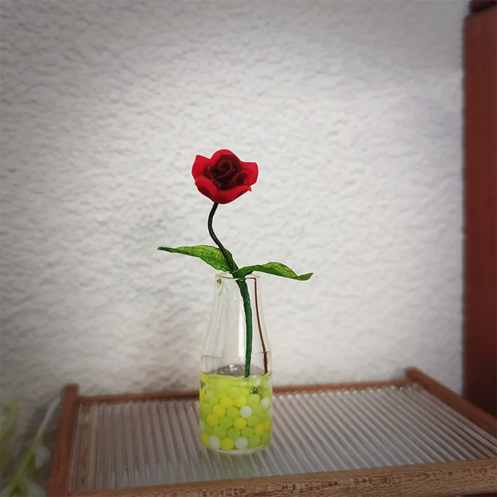 Miniature Dollhouse Miniature Rose Model Flower Vase Creative 1:12 Scale Dollhouse Flower Toy Rose Mini Floral