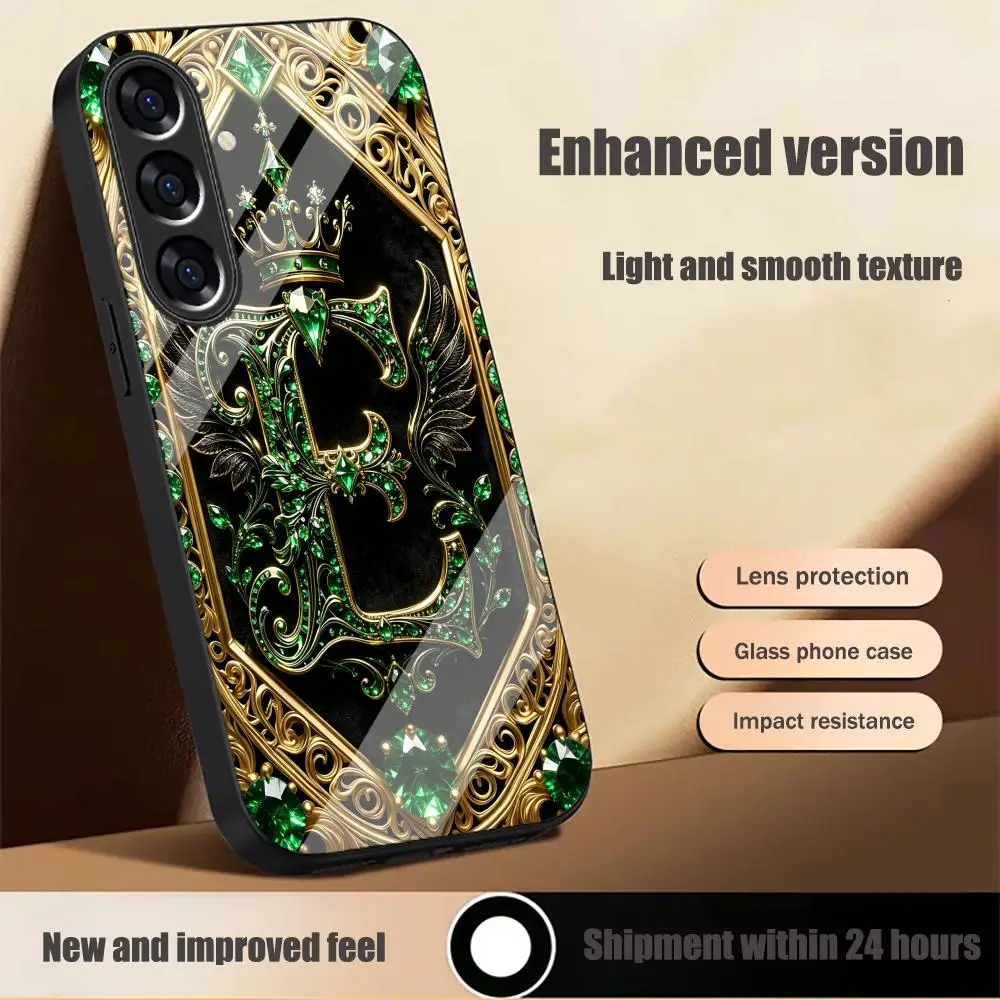 Gold Emerald Letter E HD Multi-color variants glass phone case for Samsung Galaxy S26 S25 S24 S23 S22FE,Ultra,Plus Dropresistant
