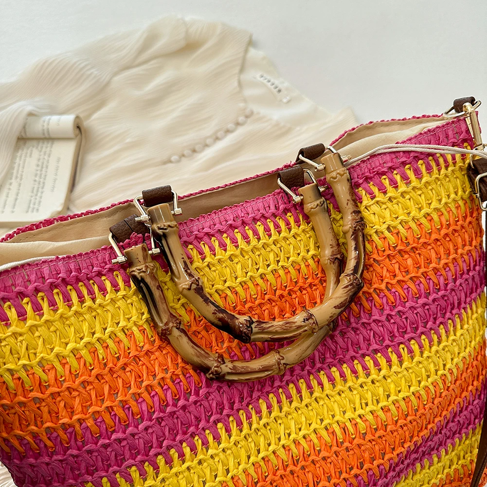 

Women Straw Woven Handbag Fashion Woven Handbag Large Capacity Tote Clutch Bags with Bamboo Handle Drawstring for Outdoor Travel