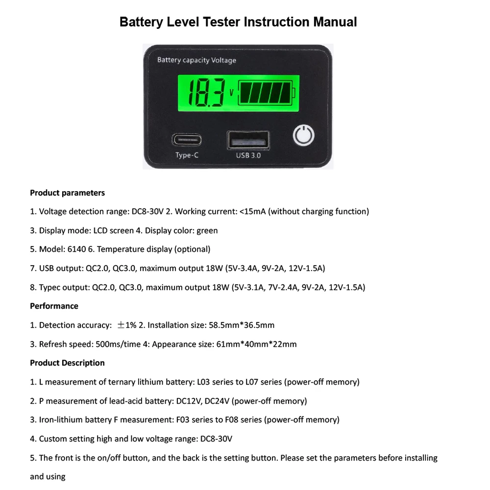 DC8-30V USB Type-C Lead Acid Lithium Battery Charge Capacity Indicator Car Motorcycle Digital Voltmeter Tester Meter Tool