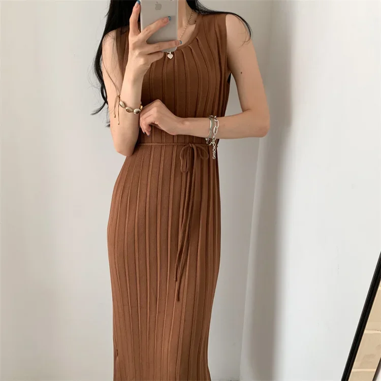 

Chic Dress Women Elegant Loose Lace-up Sleeveless Bodycon Dresses Summer O-neck Korean Streetwear Vestido Stretch