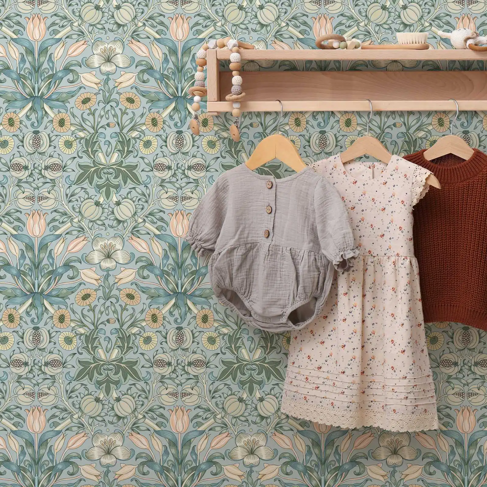 Self-adhesive Scandinavian Wallpaper,Vintage Green Flowers Wall Mural Peel and Stick For Room Decor Wall Art,Or Tradition Murals