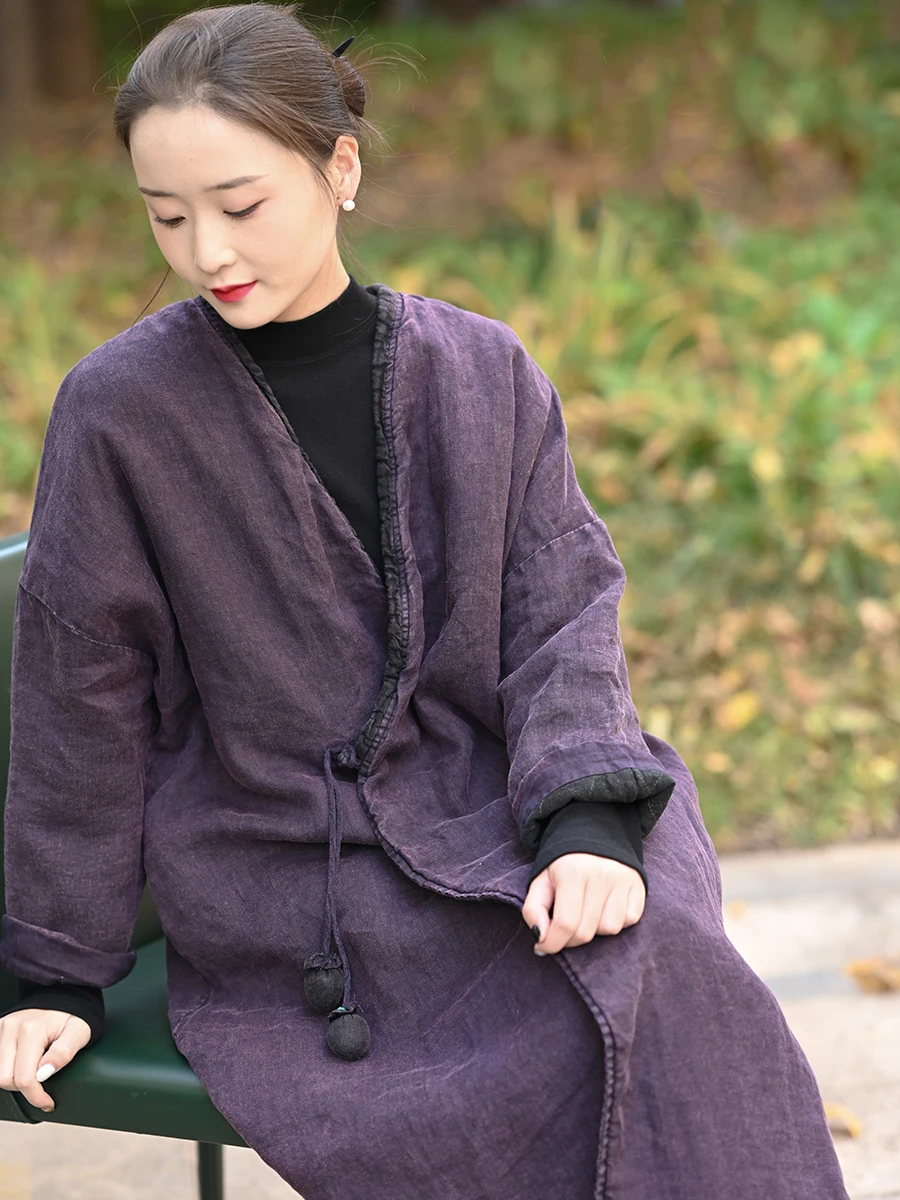 

Свободное хлопковое стеганое пальто, женское новое китайское пальто в этническом стиле с поясом, длинная теплая хлопковая одежда, хлопковое платье из двойной ткани