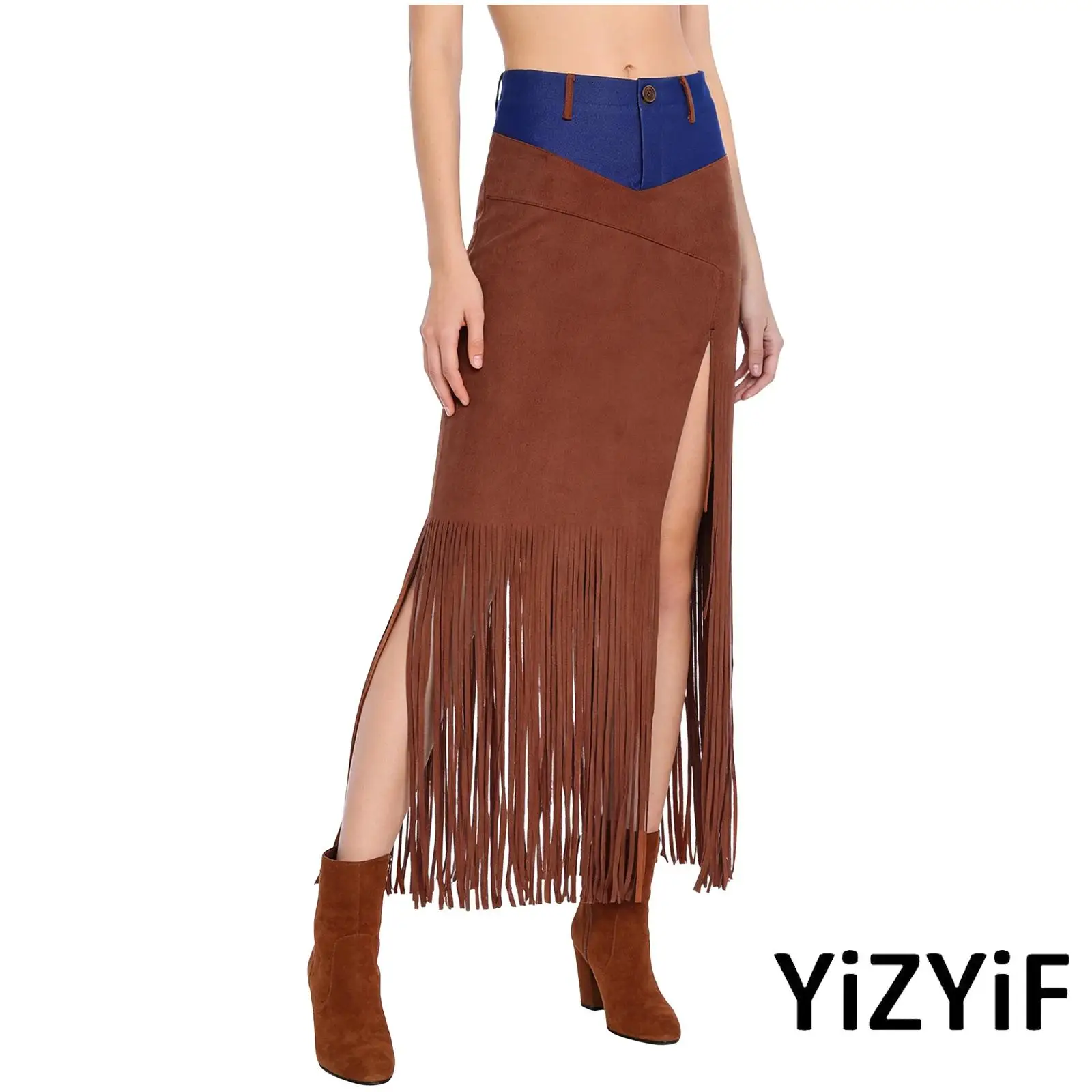 

Womens Cowgirl Tassel Midi Skirt Denim And Faux Suede Patchwork Front Fringe Sides-split Skirt Casual Skirt for Jazz Dance Wear