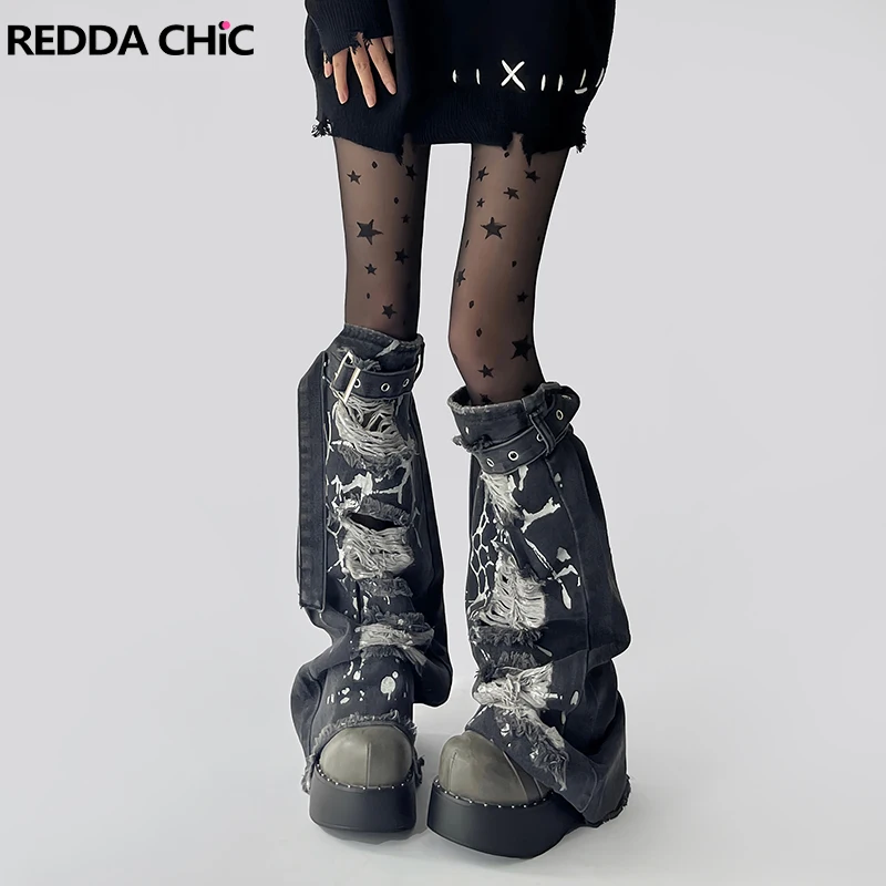 REDDACHiC Women Ripped Holes Leg Warmers Denim Silver Glitter Textured Bandage Frayed Ruched Boots Covers Y2k Knee-long Socks