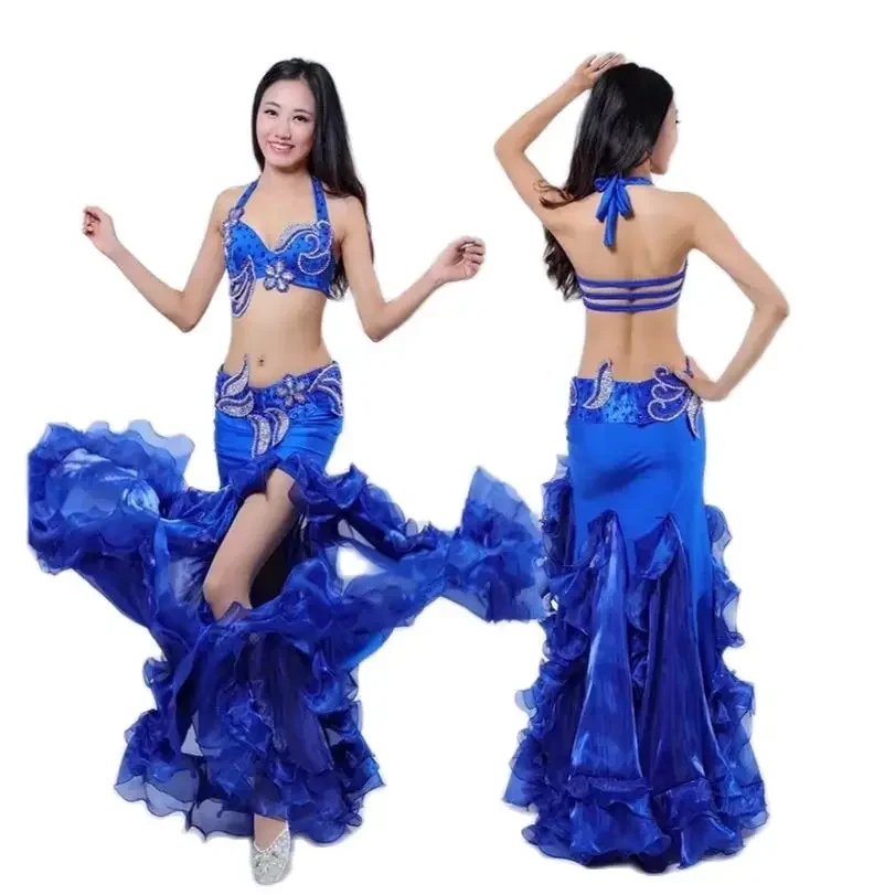Seksowny damski kostium Bellydance długa wzburzona spódnica karnawałowa rozcięcia po bokach fioletowy czerwony biały niebieski różowy jednolity kolor występ taneczny