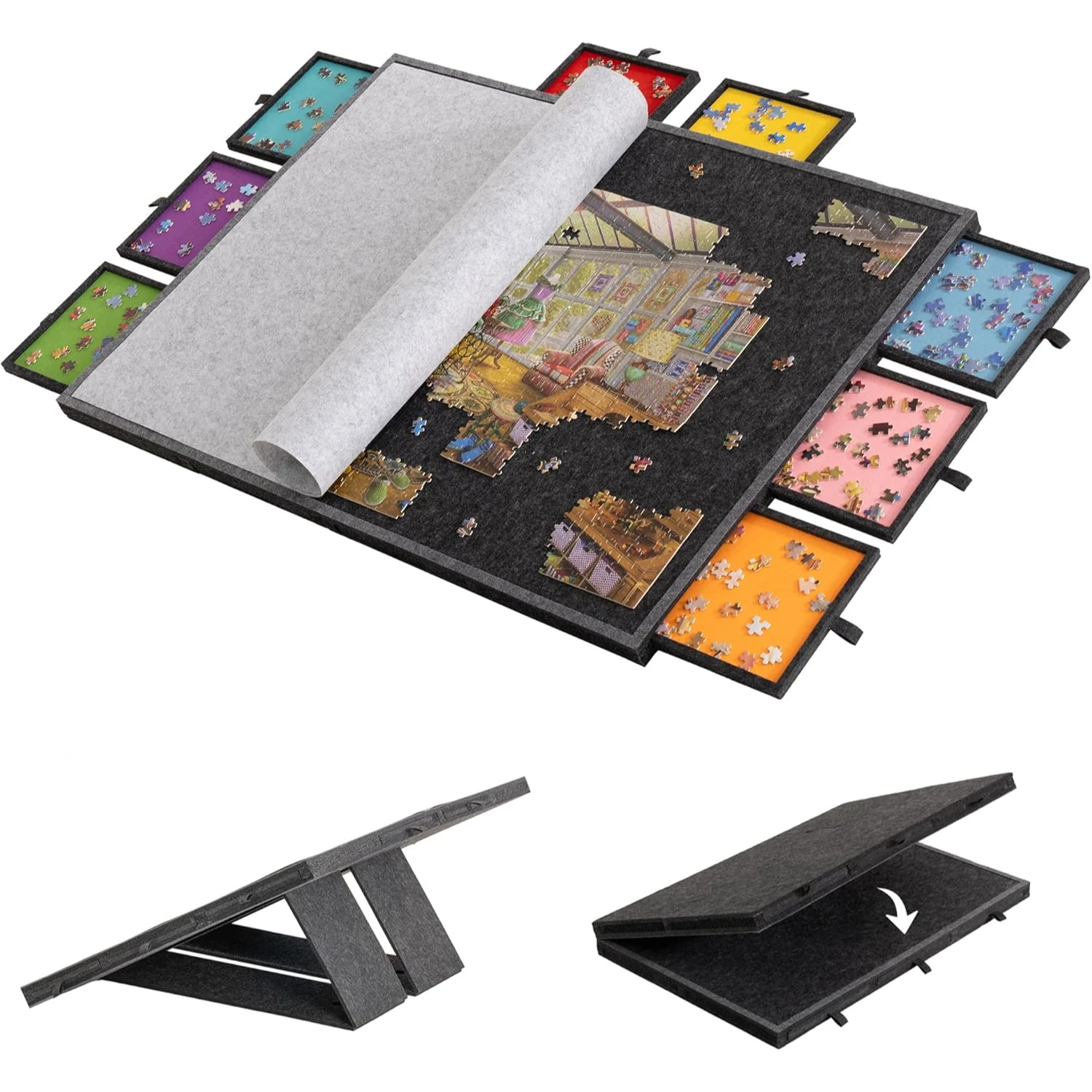 

7-piece felt puzzle storage tray, 6-in-1 puzzle table with 6 drawers, portable puzzle board, foldable, used for storing puzzles