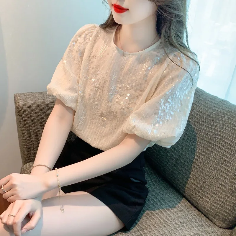 Elegant Women Blue Shirts Tops Sequins Hollow Out 2023 Office Lady Chic New OL All Match Sweet Summer Casual Blouses Puff Sleeve