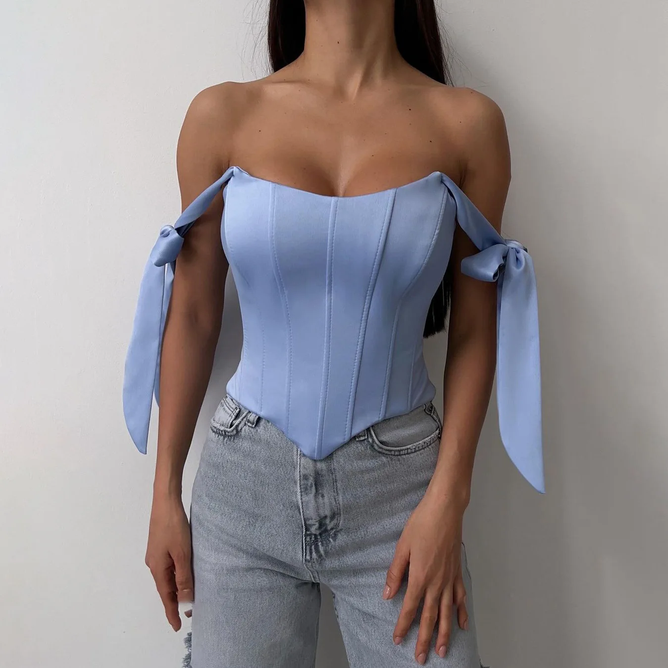 

Hot Women Elegant Blue White Corset Black Satin Bustier Sexy Sleeveless Backless Short Top Club Party Outfit Vintage Streetwear