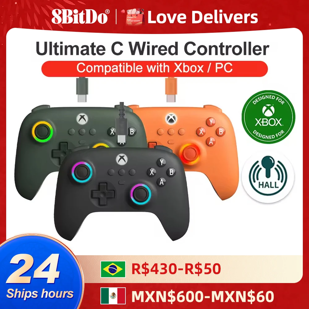 8BitDo Ultimate C Wired XBOX Controller Gamepads PC Xbox Series X S, Xbox One RGB Light Fire Ring Hall Effect Sticks for windows