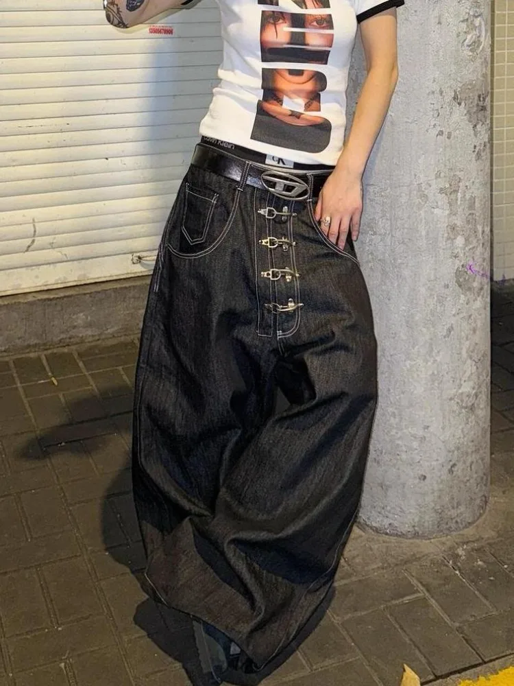 Dames metalen gesp ontwerp gebogen wijde pijpen jeans hoge taille rechte baggy denim broek vrouwelijke vintage street style broek
