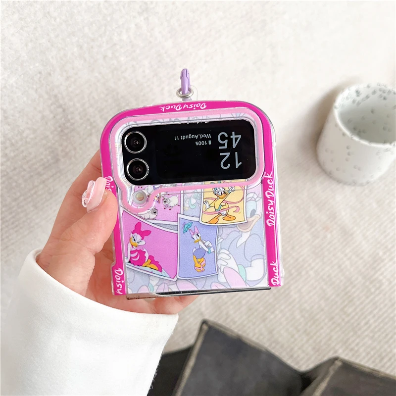 Fashion Disney Donald Daisy Duck With Lanyard Phone Case For Samsung Galaxy Z Flip 3 4 5 5G ZFlip3 ZFlip4 ZFlip5 5G Lovers Cover