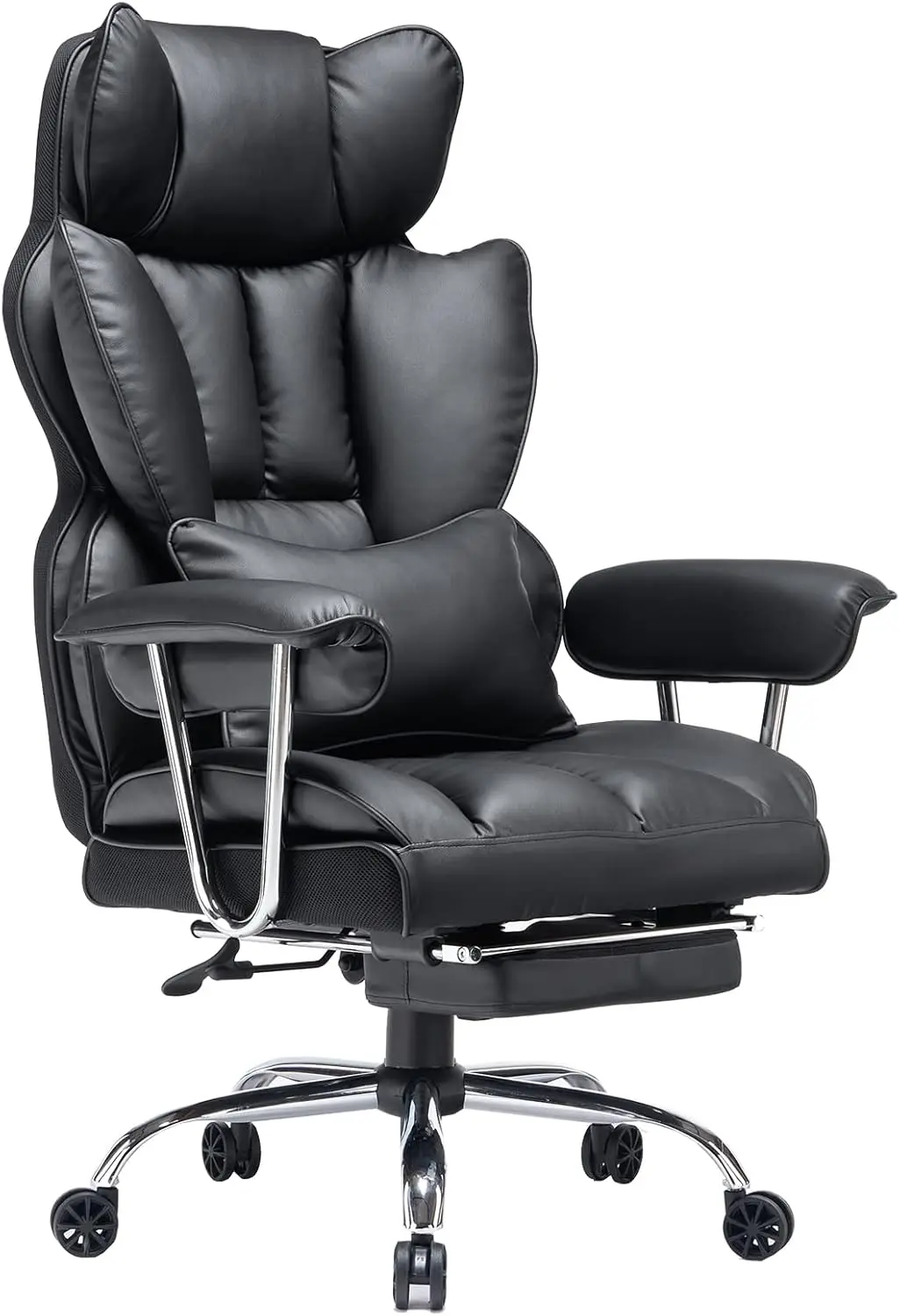 Efomao Big and Tall Office Chair with Foot Rest 400LBS, PU Leather Computer Chair, Heavy Duty Executive Office Chair with Lumbar Support, Black Home Office Chairs | 400lbs support, 135° recline, dual-layer foam cushion, 23.5