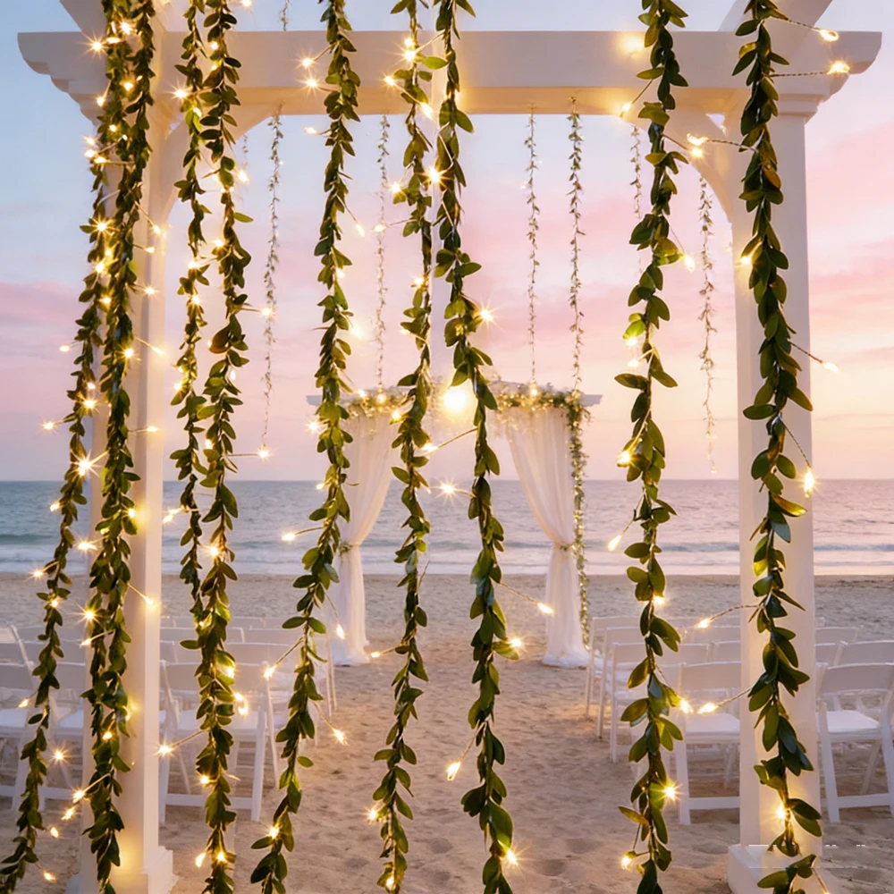 

Green Leaf Fake Plants Outdoor Artificial LED String Lights Battery Holiday Fairy Light Wedding Birthday Party Garden Room Decor