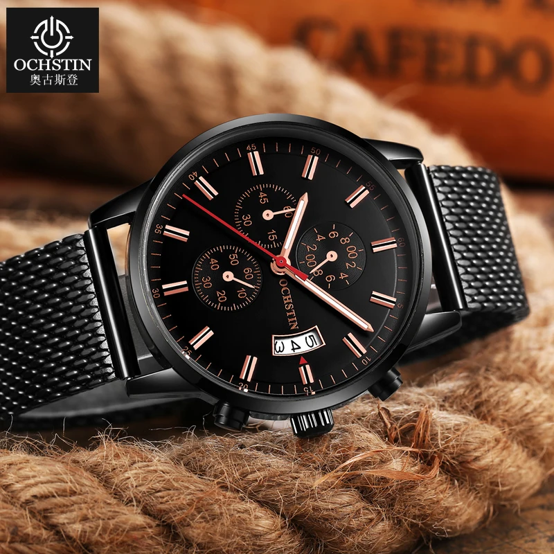OCHSTIN Model Aviator Mens Multifunction Quartz Movement Wristwatch Man Stainless Steel Mesh Band Daily Waterproof Watch