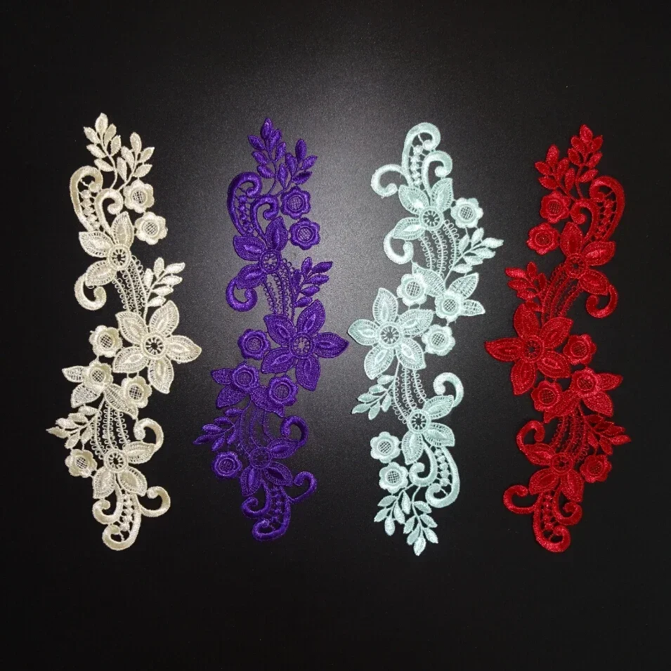 10 pares de espejos rojo Borgoña azul rosa púrpura bordado flor apliques de encaje parches para ropa blanco 25,5 cm X 8 cm LA23
