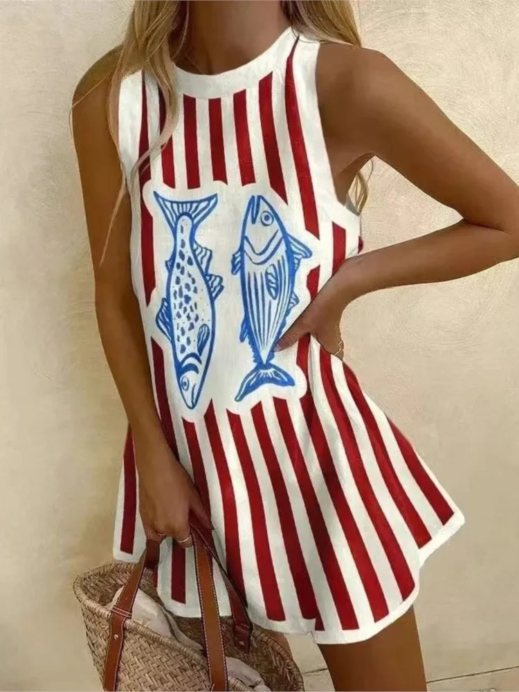

Casual Cartoon Printed Dress Fashion O-neck Sleeveless Mini Vest Dress Spring Summer New Vacation Style Women Clothing